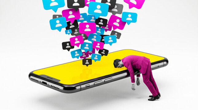 Exhausted businessman collapsing over giant smartphone beneath flood of social profile notifications, conceptual illustration of social media overload, digital burnout and online fatigue.