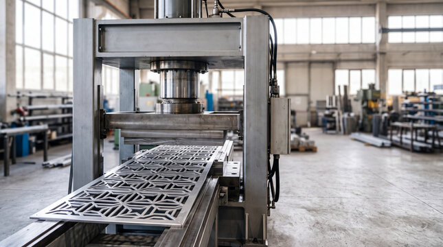 Industrial hydraulic press forming decorative sheet metal panels in modern manufacturing factory workshop