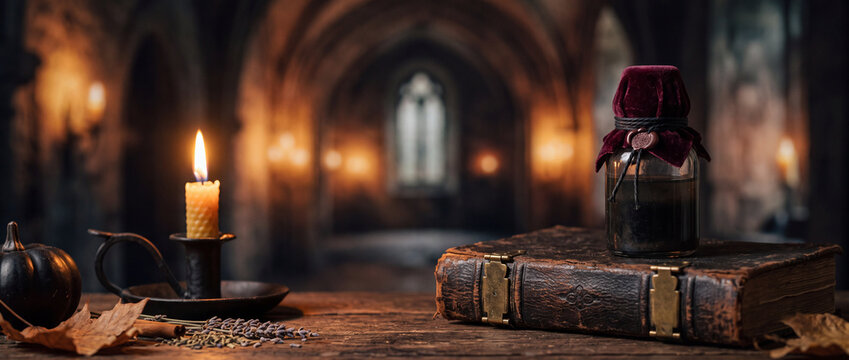 Candlelit vintage book and potion jar on wooden table in gothic interior for rituals