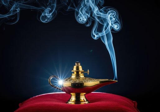 A golden brass antique oil lamp rests upon a plush red velvet cushion as ethereal blue smoke swirls into the dark atmospheric background, smoke, ethereal, vintage