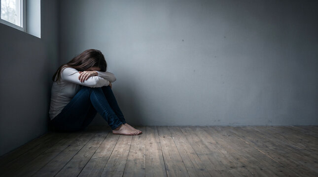 Distressed woman sitting alone in empty room corner with head down, representing loneliness, sadness, emotional crisis, isolation and mental health struggle.