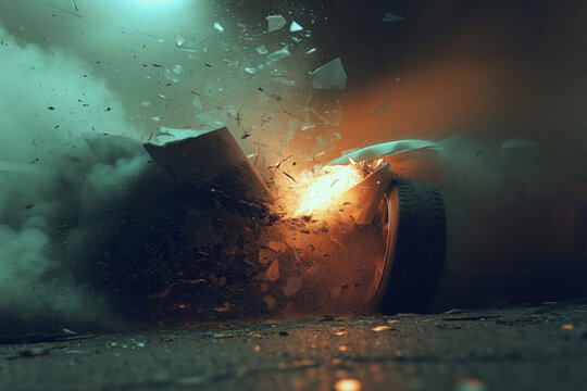 Dramatic car crash at night with explosion sparks and smoke