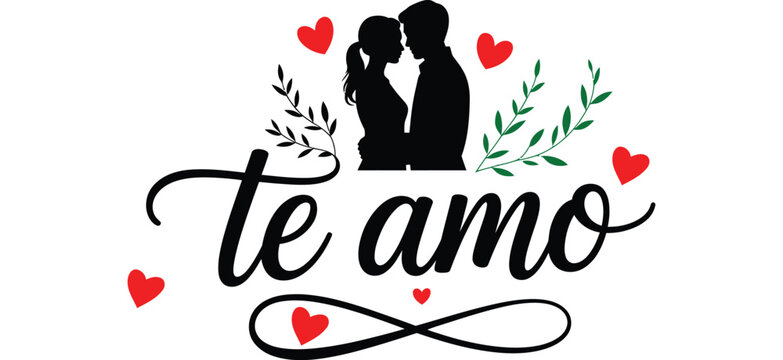 Te amo typography Spanish lettering vector design calligraphy script for Feliz dia de San Valentin. Eu te amo mucho com Cora&ccedil;&otilde;es em Caligrafia Rom&acirc;ntica romantic slogan logo Tipografia de Amor para em