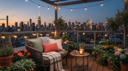 Fototapeta premium Rooftop Oasis at Twilight: A cozy and inviting rooftop seating area adorned with string lights, comfortable cushions, and potted plants overlooks a sprawling city skyline as dusk settles.