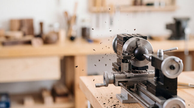 Precision metal lathe turning with metal chips flying in wood workshop environment