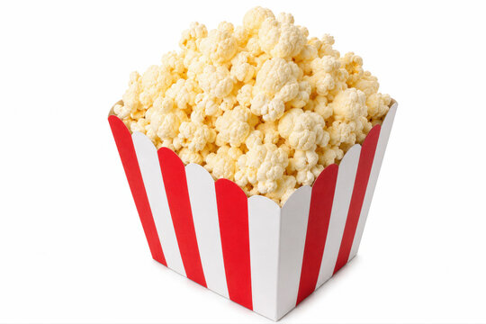 Classic red and white striped popcorn box overflowing with popcorn