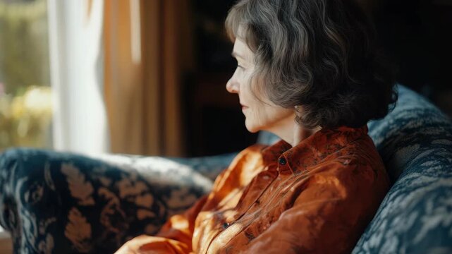 Portrait of an Elderly Woman with Gray Hair in an Orange Shirt