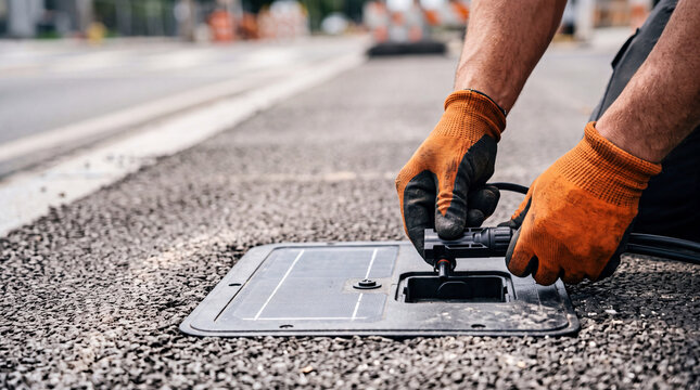 Utility technician connecting cable to roadside electrical junction box during outdoor maintenance work