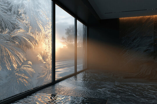 Frosted window at sunrise with trees outside and wet reflective floor