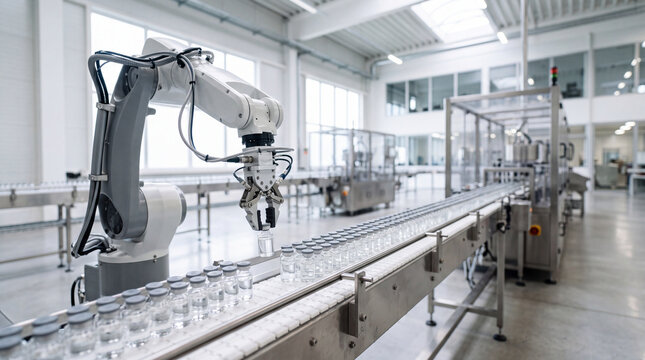 Automated robotic arm filling vials on conveyor in modern pharmaceutical manufacturing facility sterile production line