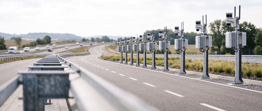 Row of traffic speed cameras monitoring vehicles along modern highway for road safety and surveillance technology