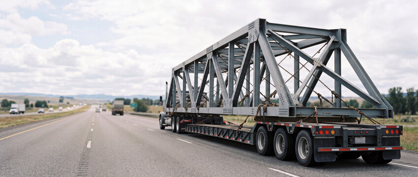 Heavy-duty flatbed truck carrying large steel truss oversized load on open highway for construction