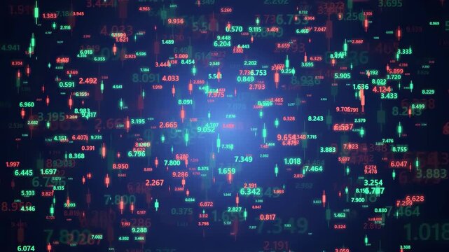 Abstract Digital Data Stream with Floating Financial Numbers and Stock Market Candlestick Charts
