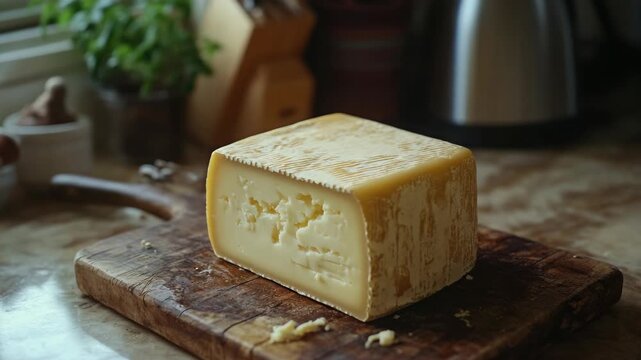 Block of Aged Gourmet Cheese on a Rustic Wood Board