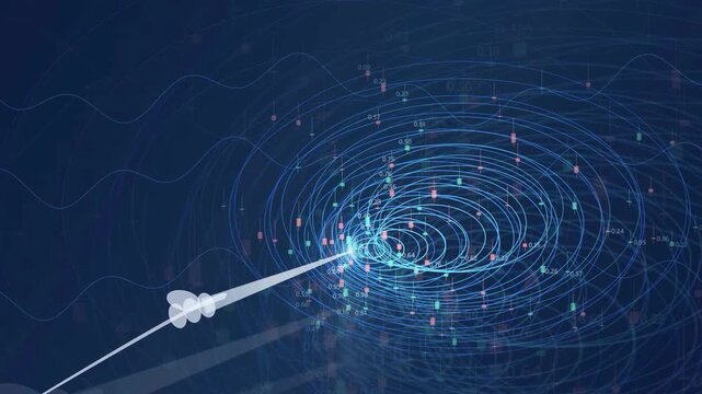 Abstract digital data stream with glowing light particle moving through a futuristic network of circles