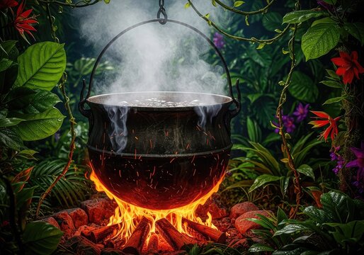 A large metal cauldron simmers over a glowing wood fire amidst lush tropical jungle foliage, thick steam rising from the bubbling brew, cooking, nature, tropical