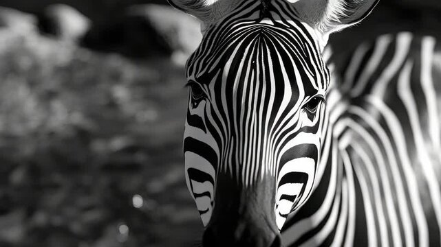 Close-up portrait of a zebra in black and white