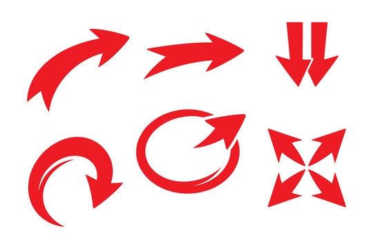 Assorted red circular curved and straight arrow icons representing movement direction and cycles for intuitive user interface design