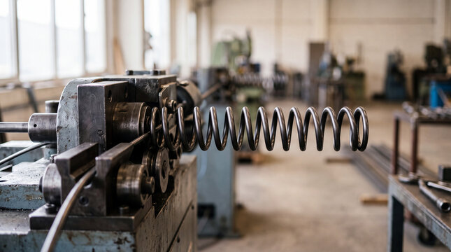 Close-up of metal coil spring being formed on an industrial machine in a workshop manufacturing plant