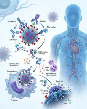 Medical illustration explaining the complement system pathways, activation, and immune response mechanism in the human body
