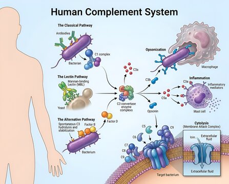 Detailed medical illustration of the human complement system showing classical, lectin, and alternative pathways, opsonization, inflammation, and cell lysis mechanisms