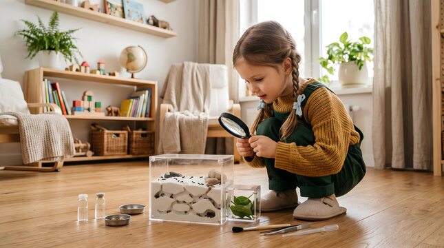 Child exploring an ant farm at home, observing insects and learning through play, science education, curious childhood activity.