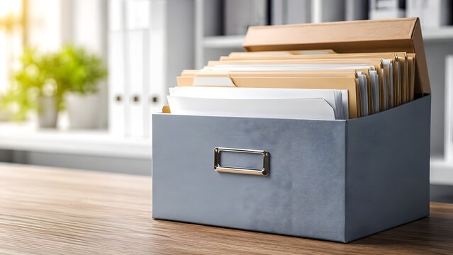 Grey storage box filled with manila folders and paper documents on wooden desk in bright modern office