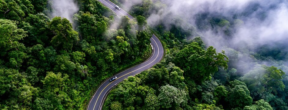 Green forest landscape with road, representing low carbon transportation and sustainable infrastructure concepts.