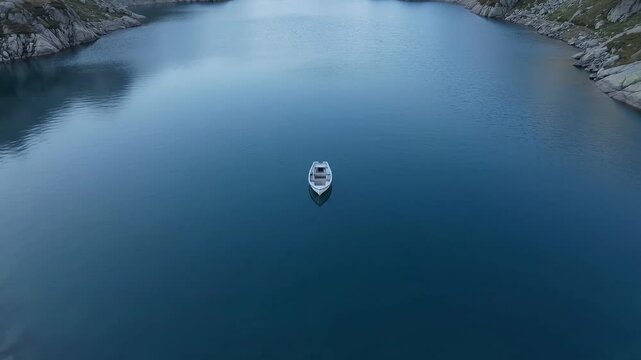 Lone boat floats calm on deep blue water
