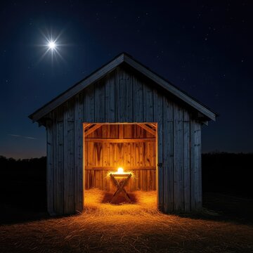 A rustic wooden shed illuminated by a bright star, featuring a hay-filled manger under a warm golden glow in a peaceful night setting, ancient, quiet, spiritual