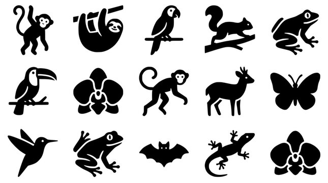 Jungle Animals Icon Set: Monkey, Sloth, Parrot, Squirrel, Frog, Toucan, Deer, Butterfly