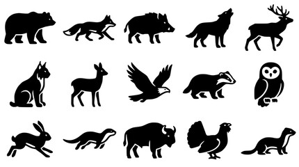 Fototapeta premium Wild Animals Silhouette Collection: Bear, Fox, Wolf, Deer, Eagle, Owl