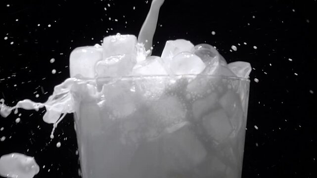 High-speed studio shot of fresh milk exploding and splashing out glass against a solid black background.
