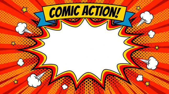 Pop art comic action burst frame with halftones background