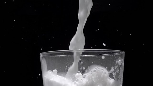 High-speed studio shot of fresh milk exploding and splashing out glass against a solid black background.
