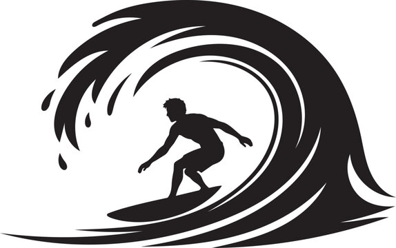 surfer silhouette riding a powerful curling ocean wave vector illustration