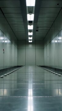 Vertical video: Recording camera capturing metal conveyor in corridor for monitoring with red alarm