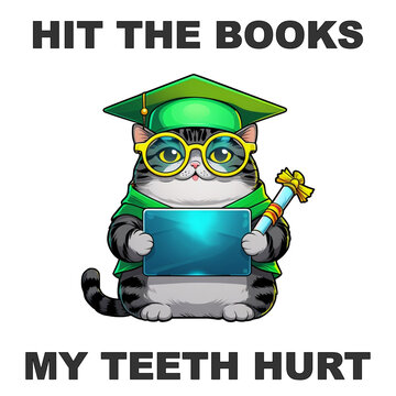 Funny student cat t-shirt design with slogan Hit the books my teeth hurt, cute cartoon nerd cat in graduation cap holding laptop vector illustration