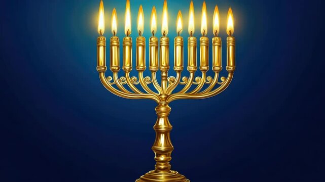 Golden Hanukiah with Lit Candles Glowing on Blue Background