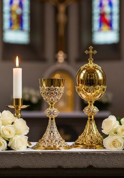 An ornate golden chalice and matching ciborium sit upon a stone altar adorned with white roses during a solemn religious sacrament scene, ceremony, flora, ornate