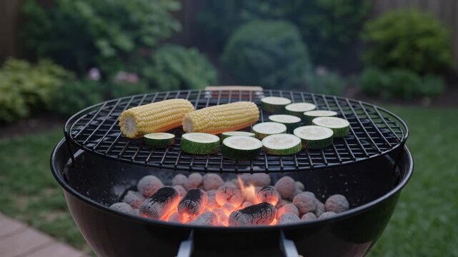 Delicious corn on the cob and fresh zucchini slices grilling over hot charcoal flames on a barbecue in a backyard, perfect for a summer vegetarian cookout or picnic