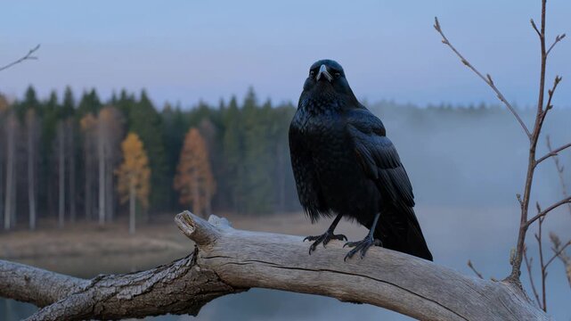 Black raven perching on a dead tree branch in a mystical misty forest during a spooky autumn morning, looking around with majestic plumage and gothic allure