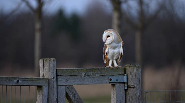 Majestic barn owl with white feathers and a heart-shaped face perching on a rustic wooden gate, attentively hunting and scanning the serene countryside surroundings