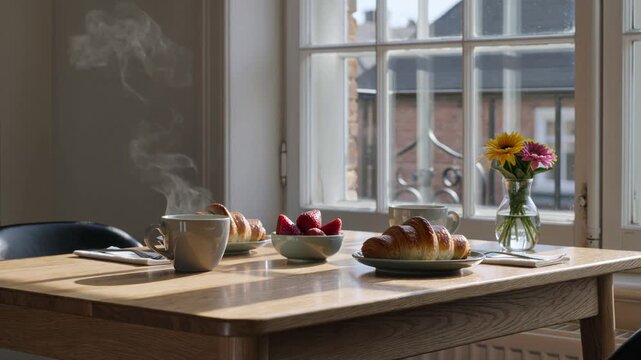 Romantic breakfast for two with hot steaming coffee, croissants, and fresh strawberries on a wooden table basking in the warm morning sunlight streaming from the window