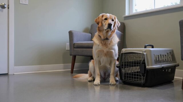 Golden retriever dog sitting patiently in a veterinary waiting room next to a pet carrier before a vet appointment, looking around curiously with a calm demeanor