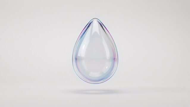 Iridescent glass water drop shape on white background