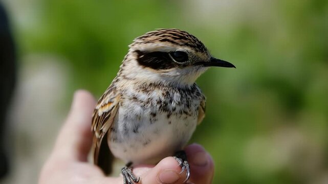 Small Striped Bird Held in a Human Hand