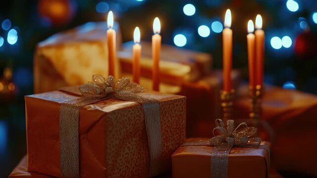 Lit Candles and Wrapped Gifts in Front of Christmas Tree with Bokeh Lights