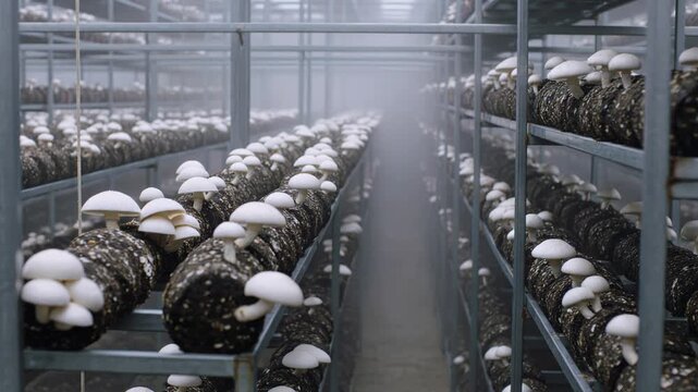 White button mushrooms growing on a commercial farm with modern cultivation technology, advanced agriculture for food production and organic farming industry concept