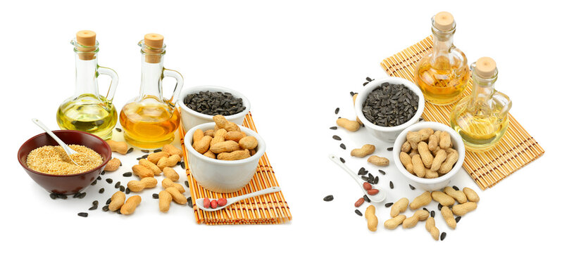 Set of Glass Decanters with Organic Seeds Oil, Peanuts, and Sunflower Seeds for Cooking and Nutrition